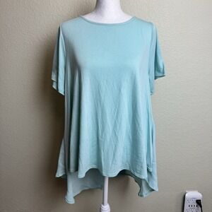 DG2 Diane Gilman Women's Top‎ Blue Short Sleeve Flowing High Slit Back  Size XS
